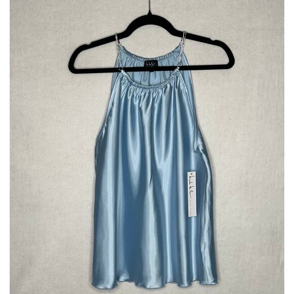 Nicole Miller Light Blue Satin Halter Top with Rhinestone Straps Size S New - Picture 1 of 12